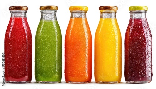 Five glass bottles of colorful fruit juices