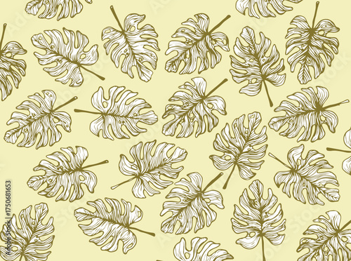 Seamless Monstera Leaf Pattern- Hand-Drawn Tropical Leaves Vector Background