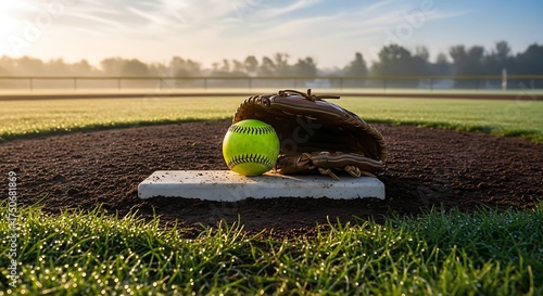 Softball and glove on home plate at sunrise.