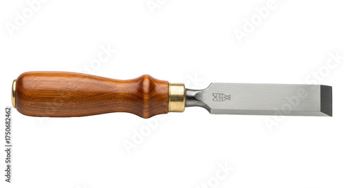 A wooden handle chisel with a metallic blade on a white background.