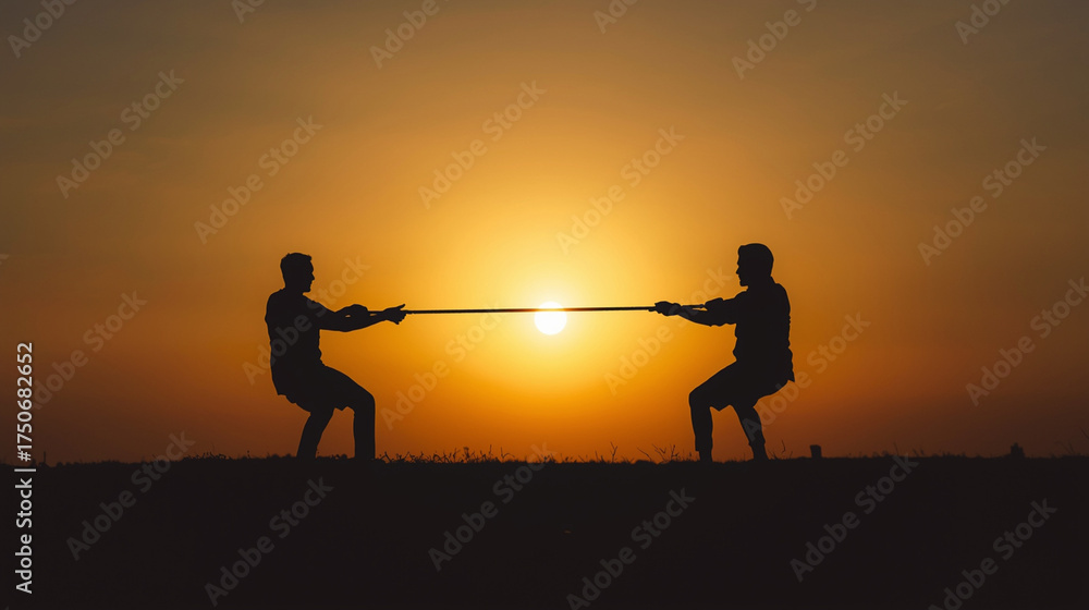 Fototapeta premium Silhouette of two people pulling rope together under sunrise light, teamwork and determination concept, strong