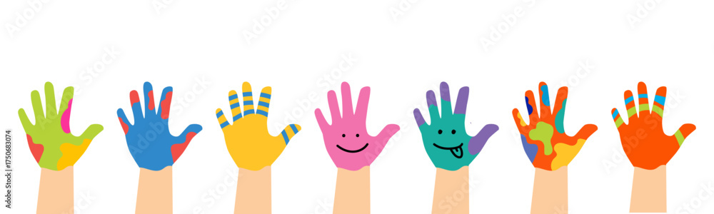 Obraz premium Bundle Ste Painted Children Handprint Art Design. vector illustration
