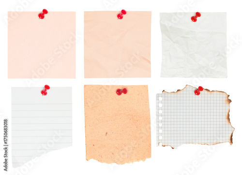 Set of various note paper sheets attached with office push pins