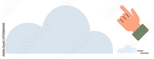 Hand pointing above a large cloud with smaller clouds nearby, symbolizing action, direction, cloud computing, technology, innovation, decision-making, and teamwork in a minimalistic flat style