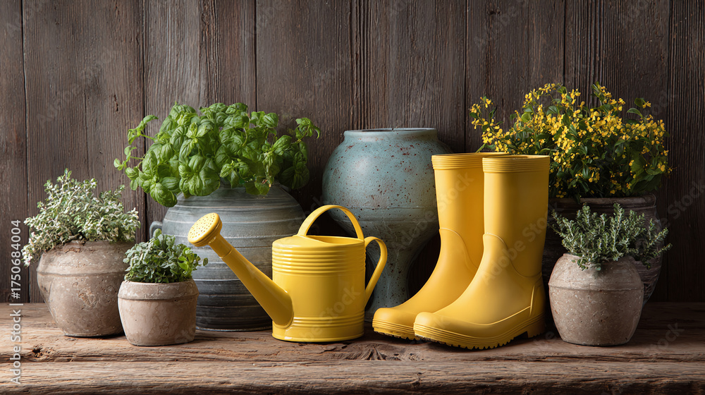 Fototapeta premium Gardening still life: Yellow boots, watering can, and pots of plants add a touch of cheer to gardening.