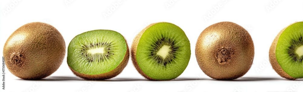 Obraz premium Fresh kiwi fruit, whole and sliced, arranged in a horizontal line against a white background