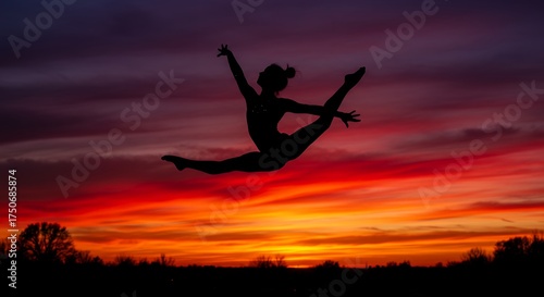 Wallpaper Mural Silhouette of a person performing a dance leap against a vibrant sunset sky Torontodigital.ca