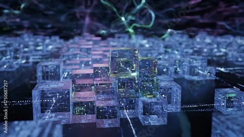 Digital Blocks and Data Transfer Background - An abstract digital background featuring interconnected transparent blocks with embedded data patterns.