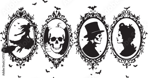 Gothic Halloween Silhouettes Set Victorian Style Cameos Witch Skull Gentleman Lady Black and White Frame Borders

