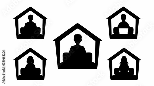 People stay home, work from home concept in silhouette, remote work and self quarantine illustration