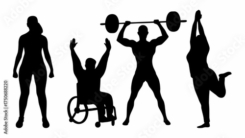 Diverse fitness silhouettes showing strength training and stretching poses, vector art for gym posters