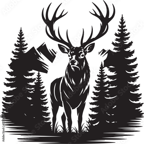 Majestic stag stands tall in forest, mountain backdrop