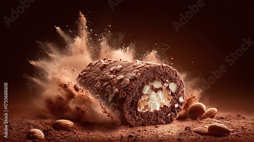 Chocolate Swiss Roll with Almonds in a cloud of cocoa powder for a sensational dessert experience!