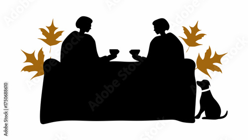 Enjoying autumn vibes with a cozy coffee date and loyal dog companion in a stylish silhouette scene