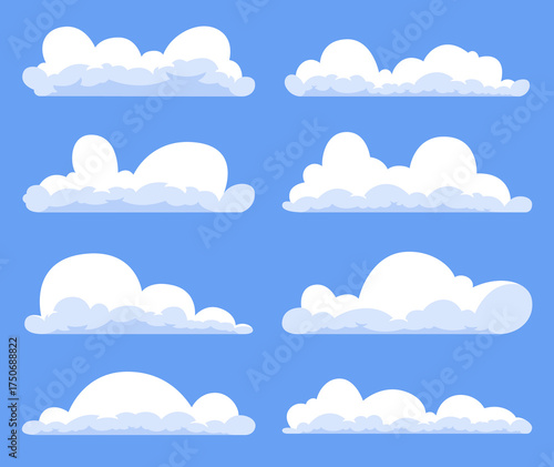 Set of simple cartoon cloud icons. A collection of fluffy white clouds in a flat design style, isolated vector graphics for weather apps or website design.
