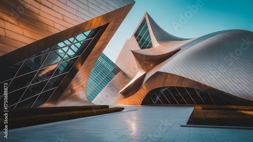 Stunning architectural design showcasing modern building curves and reflective surfaces in a vibrant urban landscape, perfect for forward thinking concepts