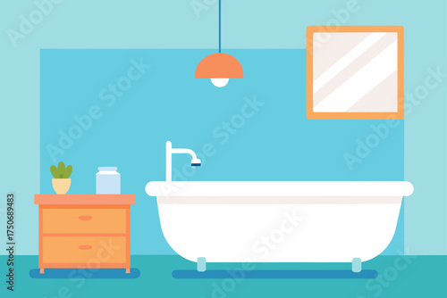 Bathroom interior with tub cabinet and decorations