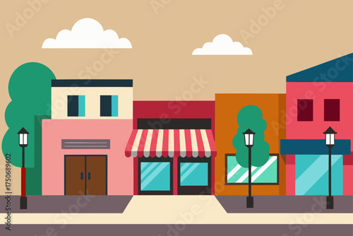 Illustration of a street with shops and streetlights