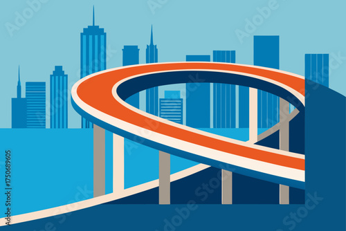 Orange overpass with city skyline in the background