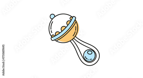 A simple illustration of a baby rattle with a yellow ball-shaped head and a blue handle.