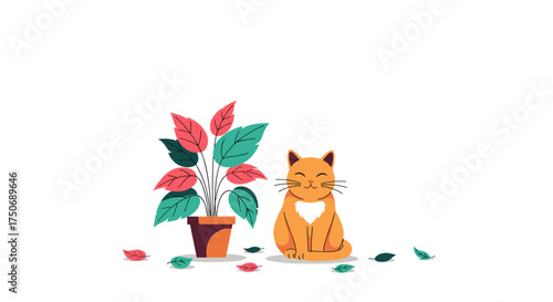 A cute orange cat sitting peacefully next to a potted plant with colorful leaves and fallen leaves scattered around on a white background.