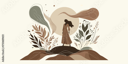 Illustration of a woman standing on a hill with a sunset background and floral elements