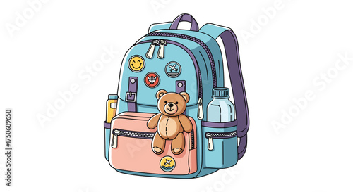 A cheerful blue backpack with a teddy bear and bottle pockets is ready for adventure.