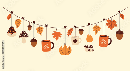 A festive garland of autumnal decorations including leaves acorns and mugs is strung across a light background.
