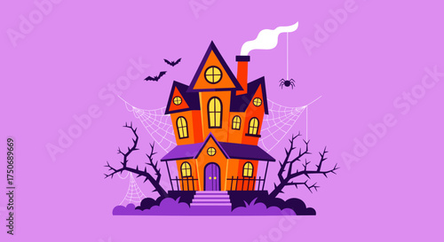Spooky haunted house illustration with bats and spiderwebs.