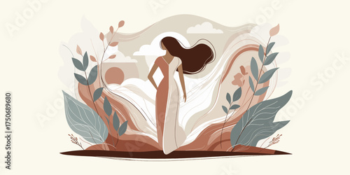 A woman in a sari stands amidst a serene landscape, symbolizing grace and cultural beauty