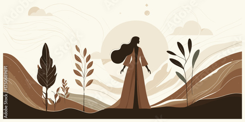 Minimalist illustration of a graceful woman in a flowing gown amidst a tranquil, earthy-toned natural landscape at sunrise