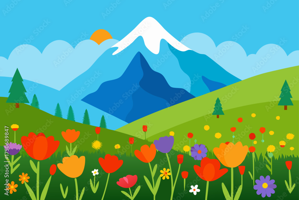 Fototapeta premium Mountain landscape with flowers and trees in spring