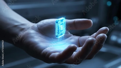 Futuristic Glowing AI Microchip in Hand - A close-up shot showcases a human hand cupping a futuristic, glowing microchip.
