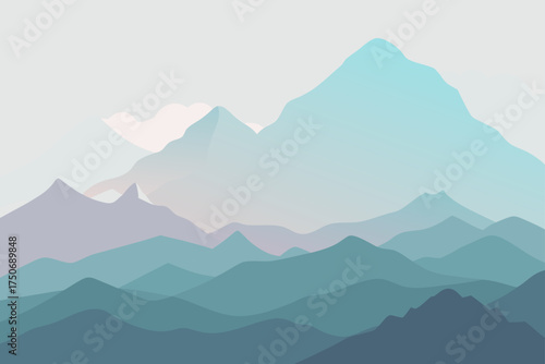 Layered mountain ranges in pastel shades of blue hue