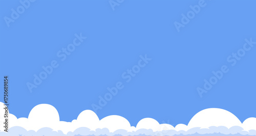 Blue sky background with a simple cloud footer. A minimalist cartoon template with fluffy white clouds along the bottom, providing a clean landscape with open copy space.