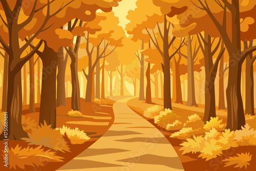 Autumnal forest path with golden foliage scenery art