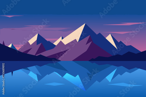 Mountains reflecting in water at dusk landscape art