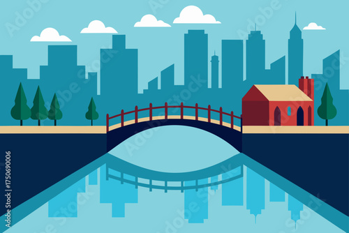 Cityscape with bridge over water and building scene