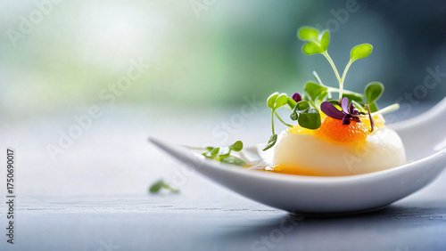 Haute cuisine amuse-bouche, delicate sphere, microgreens garnish, food and beverage promotions, upscale catering visuals, premium lifestyle branding, haute cuisine editorial, luxury gastronomy visuals