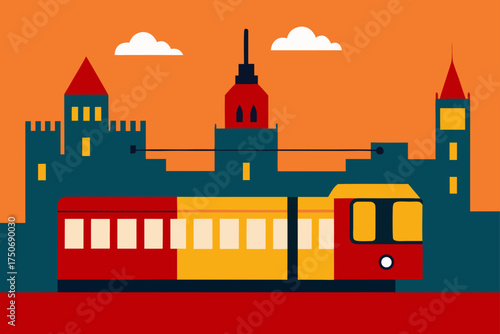 Cityscape with tram and buildings against orange sky