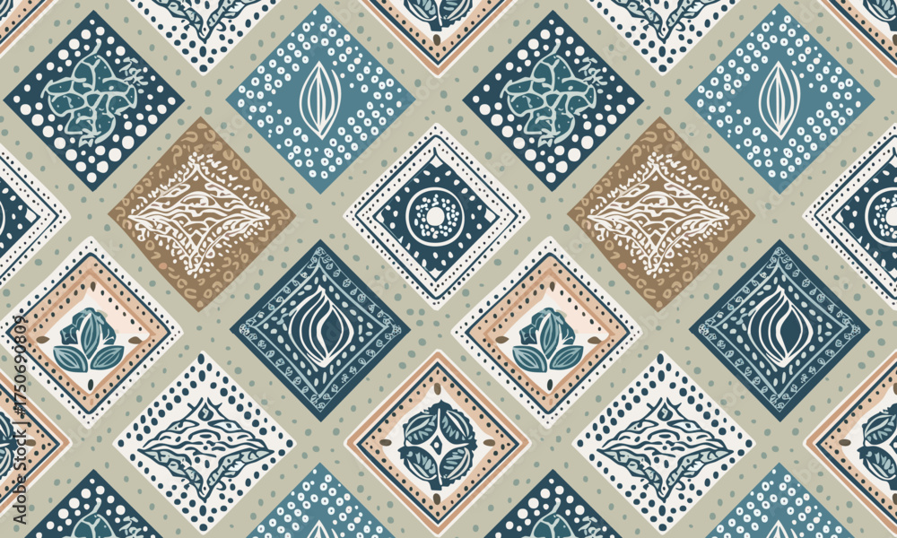 Fototapeta Hand-Drawn Ethnic Boho Diamond Tile Seamless Pattern Vector