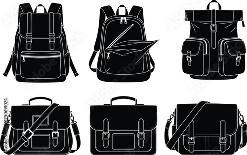 Backpack, satchel, messenger bag, leather, canvas, travel, office, school, fashion, accessory, luggage, modern, vintage, stylish, casual, professional, unisex, storage, design, collection, isolated