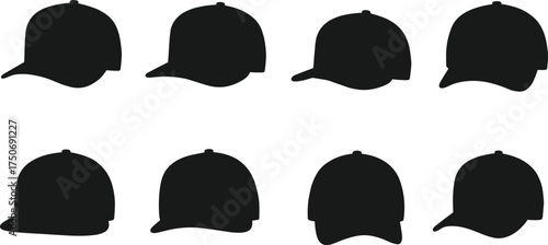Black baseball cap silhouettes collection, fashion headwear icons, sports accessory, casual clothing design, vector illustration set, isolated hat elements, trendy style