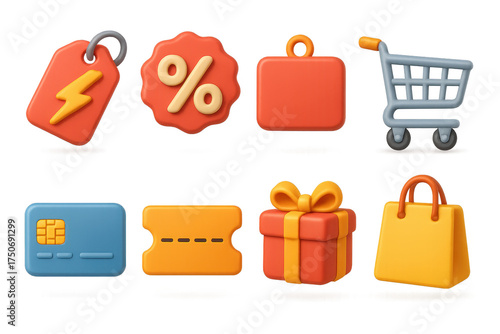 Colorful shopping icons: tags, carts, gift boxes, and bags in 3d style