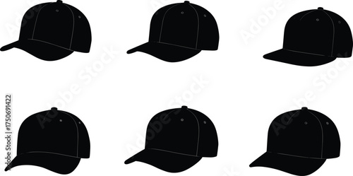 Black baseball cap silhouettes, isolated hat icons, fashion accessory design, sportswear illustration set, headwear collection, vector template, casual clothing element