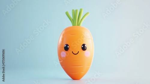 Cute cartoon carrot, light blue background, food illustration, possible use for children's book or healthy eating