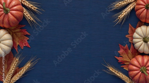 Fototapeta Naklejka Na Ścianę i Meble -  An autumn background featuring pumpkins, leaves, and wheat arranged on a table, suitable as an abstract autumn wallpaper for design, text decoration, or autumn-themed projects.