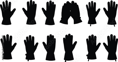 Black glove silhouettes collection, isolated hand shapes, fashion accessory icons, protective wear design, vector illustration set, winter clothing elements, 