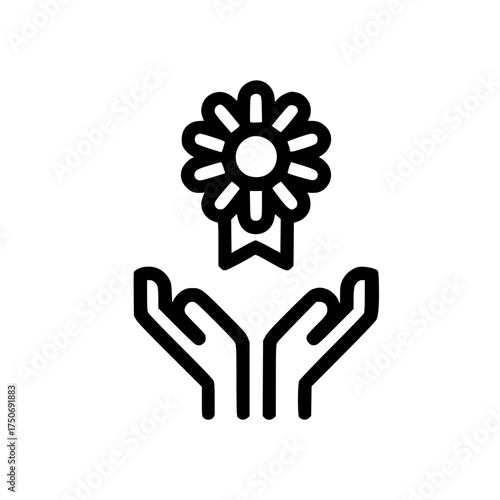 Badge icon above open hands symbolizing recognition support achievement and honor
