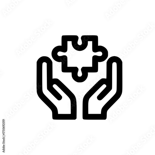 Two open hands holding puzzle icon representing unity care help and joint effort concept